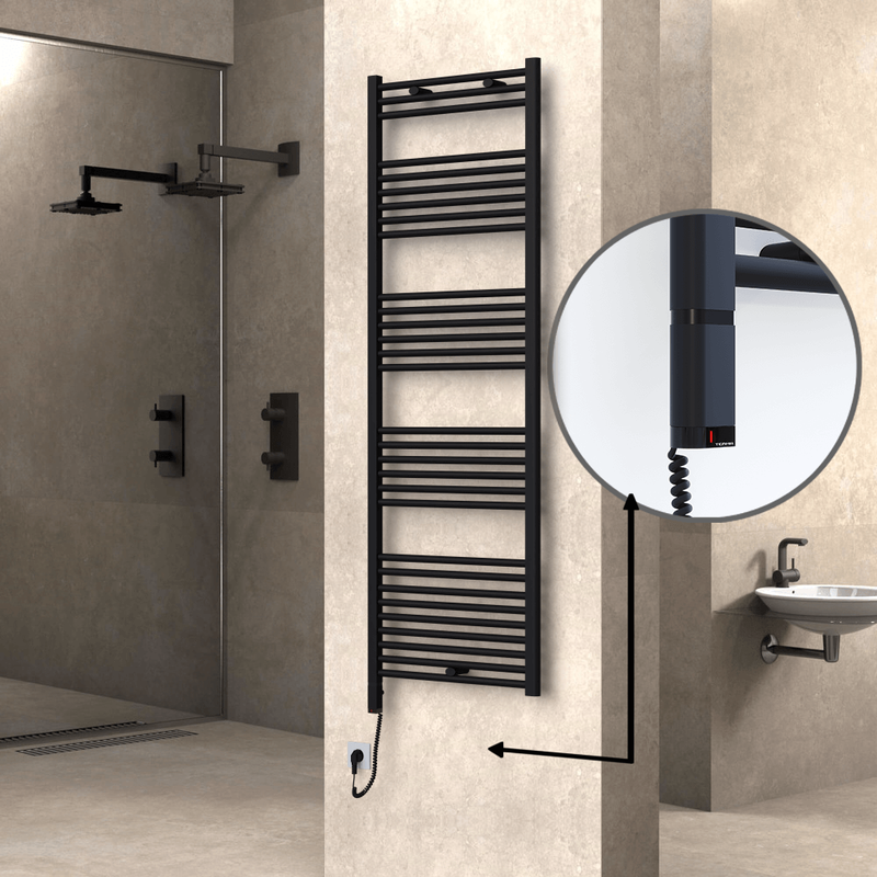 Haiti Electric Towel Warmer 600x1800 Flat Black Matt (OneD On/Off ) Left 1000 Watt