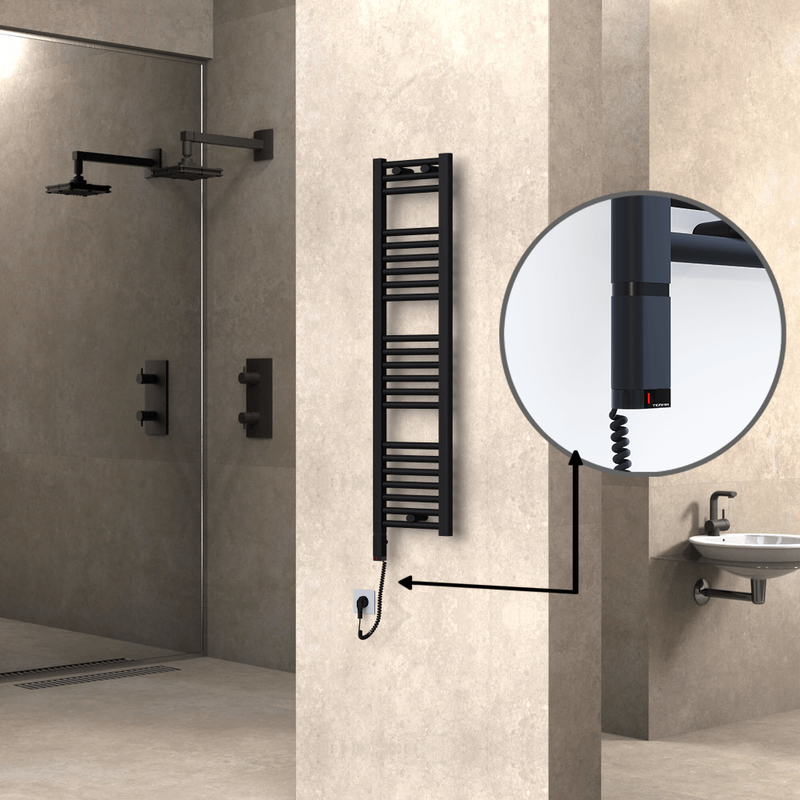 Haiti Electric Towel Warmer 300x1200 Flat Black Matt (OneD On/Off ) Left 300 Watt