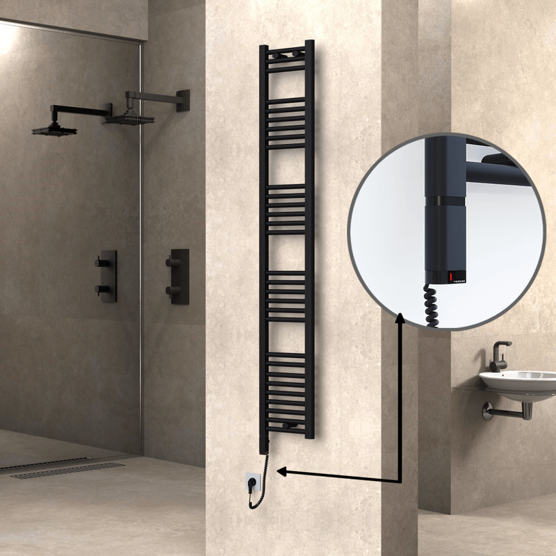 Haiti Electric Towel Warmer 300x1800 Flat Black Matt (OneD On/Off ) Left 600 Watt