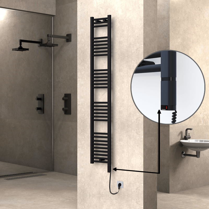 Haiti Electric Towel Warmer 300x1800 Flat Black Matt (OneD On/Off ) Right 600 Watt