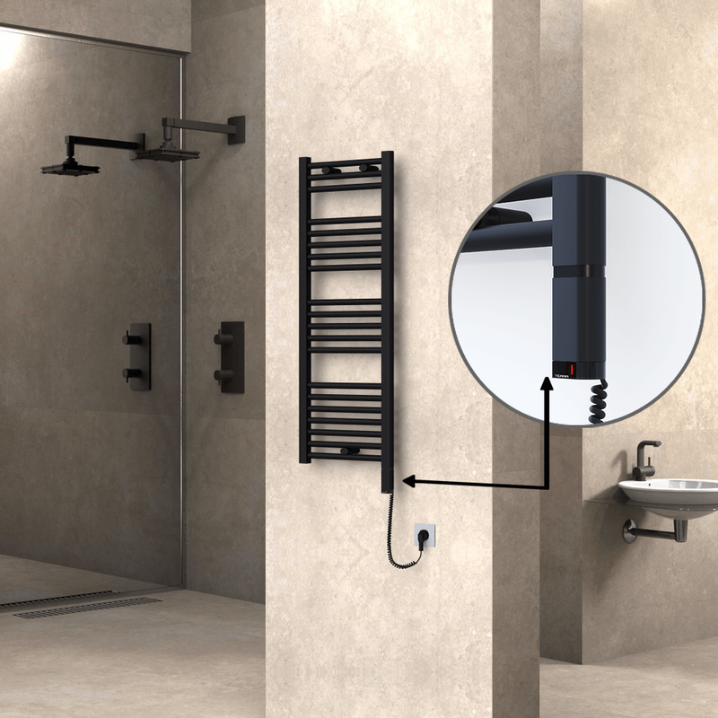 Haiti Electric Towel Warmer 400x1100 Flat Black Matt (OneD On/Off ) Right 300 Watt