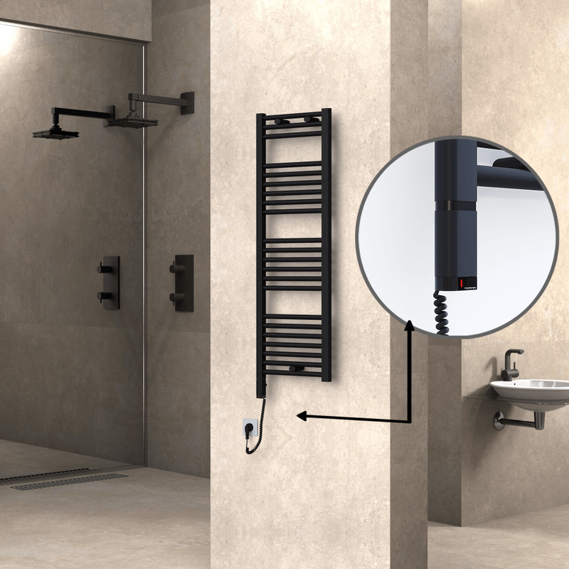 Haiti Electric Towel Warmer 400x1200 Flat Black Matt (OneD On/Off ) Left 300 Watt