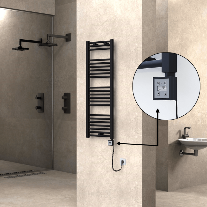 Haiti Electric Towel Warmer 400x1200 Flat Black Matt (KTX3 Thermostat) 600 Watt Spiral Cable