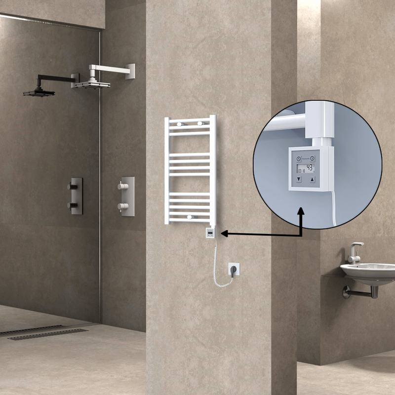 Haiti Electric Towel Warmer 400x700 Flat White Gloss (KTX3 Thermostat) 300 Watt Spiral Cable