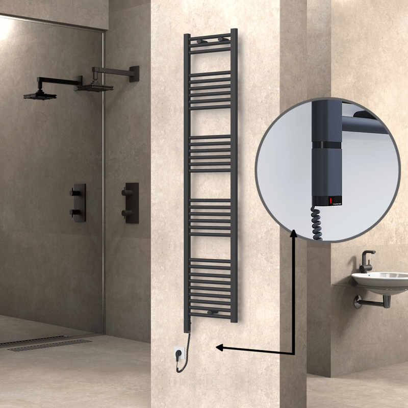 Haiti Electric Towel Warmer 400x1800 Flat Anthracite Textured (OneD On/Off ) Left 600 Watt