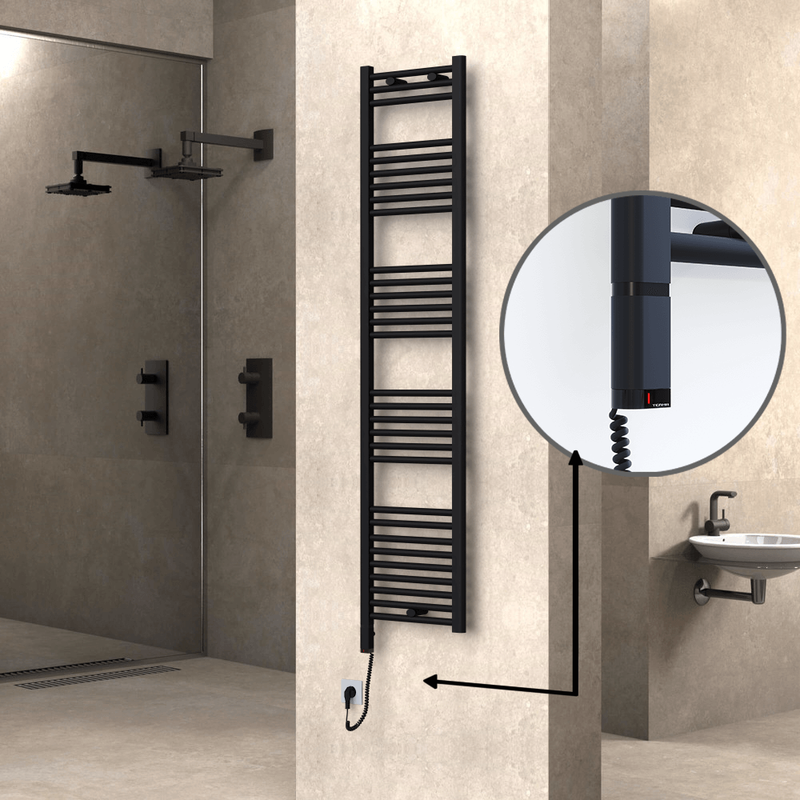 Haiti Electric Towel Warmer 400x1800 Flat Black Matt (OneD On/Off ) Left 600 Watt