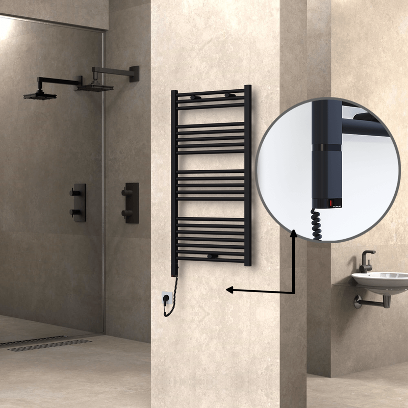 Haiti Electric Towel Warmer 600x1100 Flat Black Matt (OneD On/Off ) Left 600 Watt