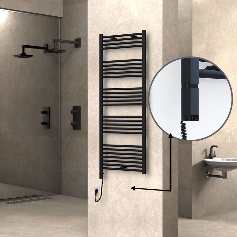 Haiti Electric Towel Warmer 600x1500 Flat Black Matt (OneD On/Off ) Left 600 Watt